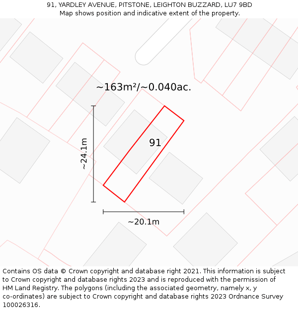 91, YARDLEY AVENUE, PITSTONE, LEIGHTON BUZZARD, LU7 9BD: Plot and title map