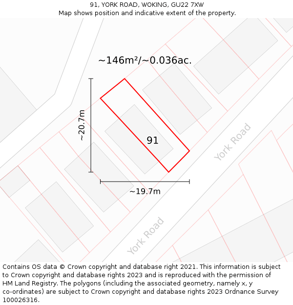 91, YORK ROAD, WOKING, GU22 7XW: Plot and title map