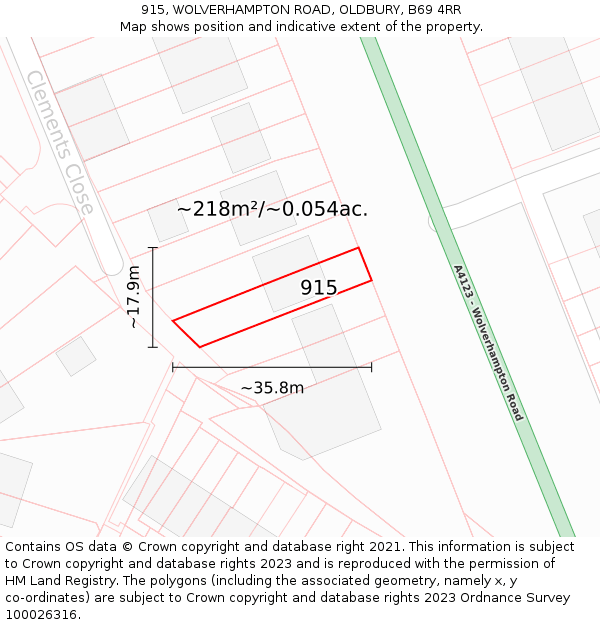 915, WOLVERHAMPTON ROAD, OLDBURY, B69 4RR: Plot and title map