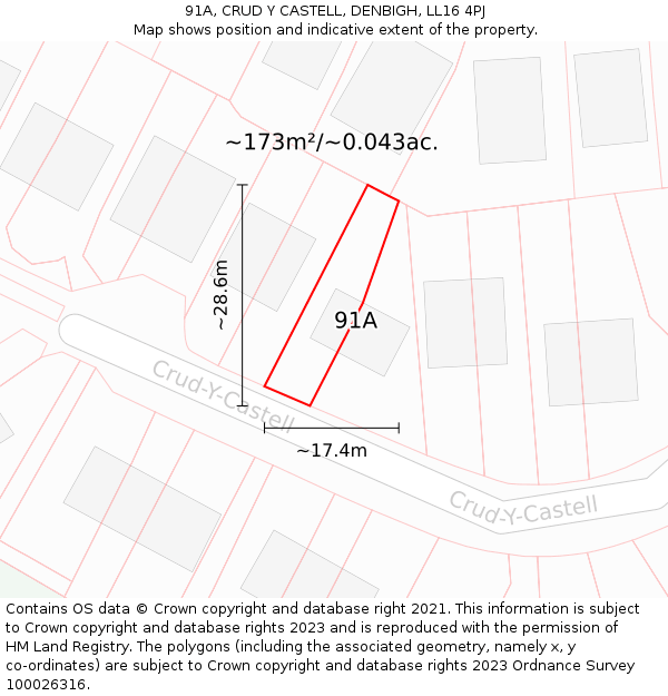 91A, CRUD Y CASTELL, DENBIGH, LL16 4PJ: Plot and title map