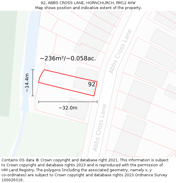 92, ABBS CROSS LANE, HORNCHURCH, RM12 4XW: Plot and title map