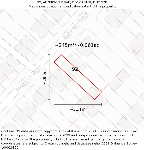 92, ALDERSON DRIVE, DONCASTER, DN2 6DB: Plot and title map