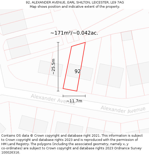 92, ALEXANDER AVENUE, EARL SHILTON, LEICESTER, LE9 7AG: Plot and title map