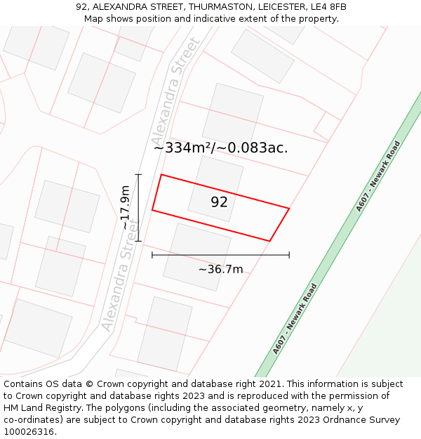 92, ALEXANDRA STREET, THURMASTON, LEICESTER, LE4 8FB: Plot and title map