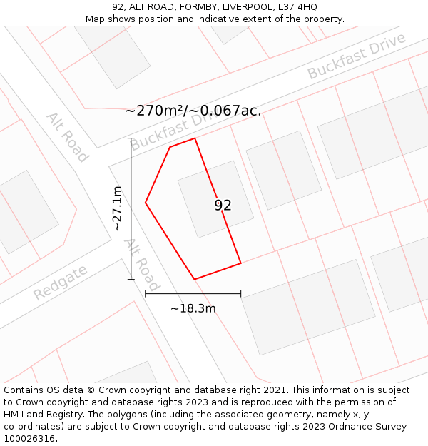 92, ALT ROAD, FORMBY, LIVERPOOL, L37 4HQ: Plot and title map
