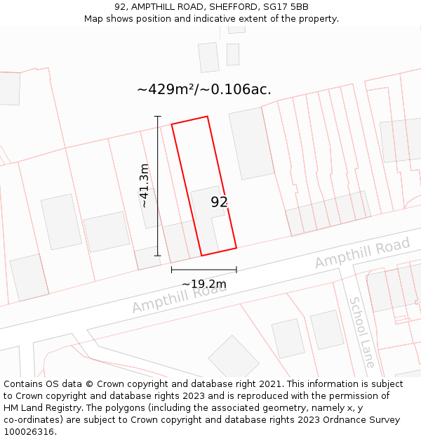92, AMPTHILL ROAD, SHEFFORD, SG17 5BB: Plot and title map