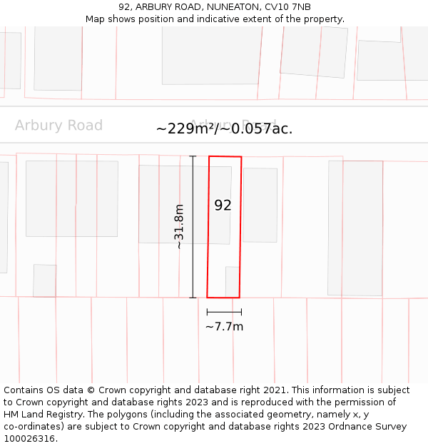 92, ARBURY ROAD, NUNEATON, CV10 7NB: Plot and title map