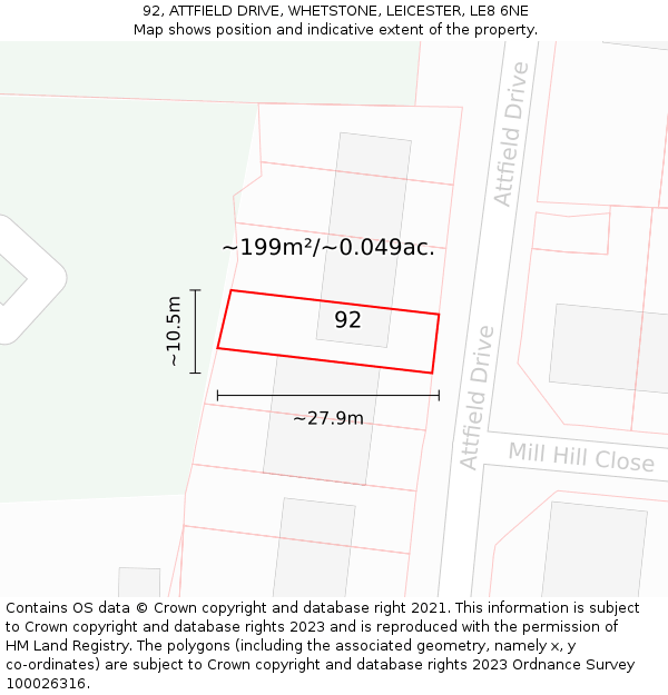 92, ATTFIELD DRIVE, WHETSTONE, LEICESTER, LE8 6NE: Plot and title map