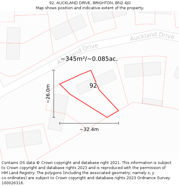 92, AUCKLAND DRIVE, BRIGHTON, BN2 4JG: Plot and title map