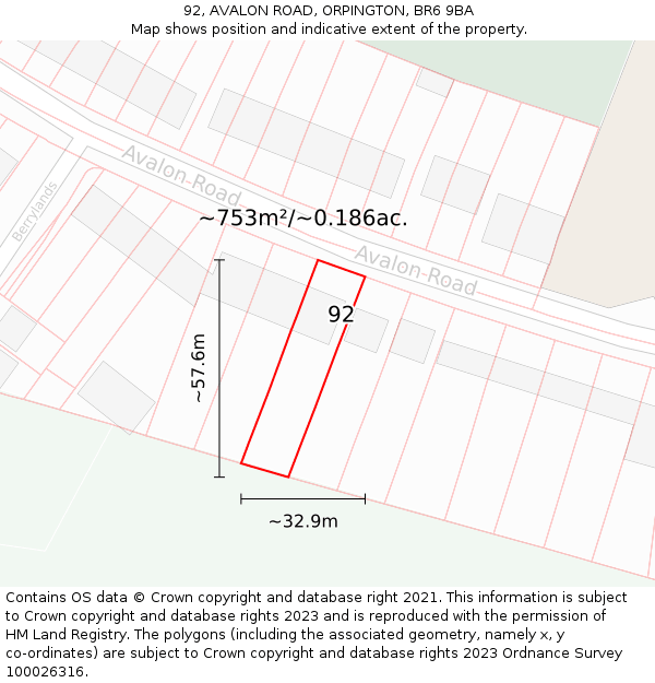 92, AVALON ROAD, ORPINGTON, BR6 9BA: Plot and title map