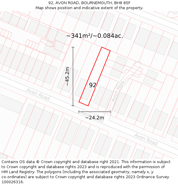 92, AVON ROAD, BOURNEMOUTH, BH8 8SF: Plot and title map