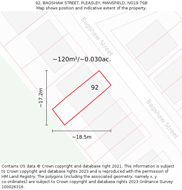 92, BAGSHAW STREET, PLEASLEY, MANSFIELD, NG19 7SB: Plot and title map