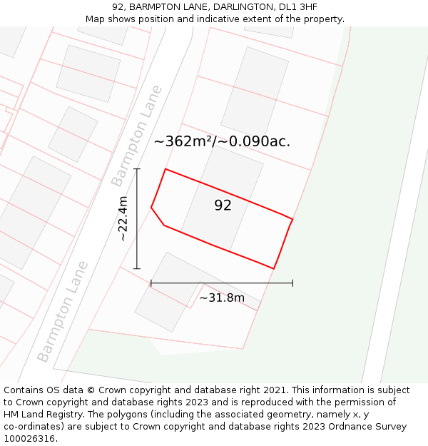 92, BARMPTON LANE, DARLINGTON, DL1 3HF: Plot and title map