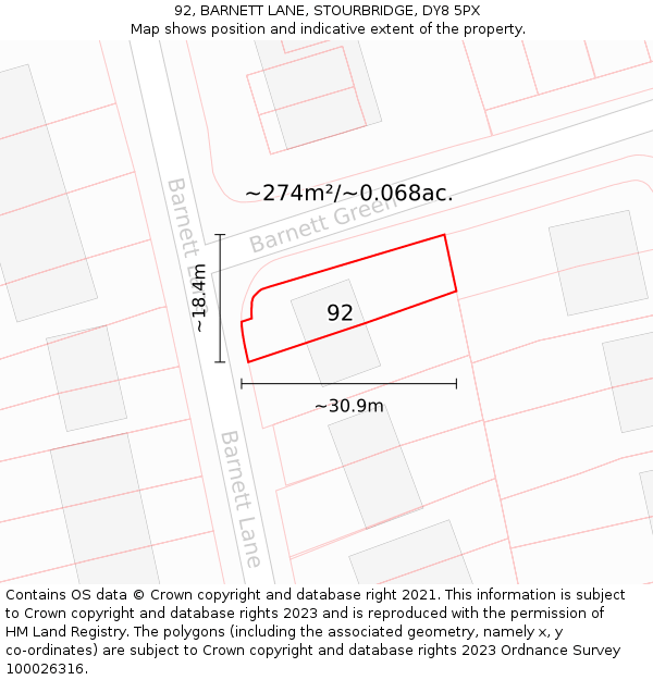 92, BARNETT LANE, STOURBRIDGE, DY8 5PX: Plot and title map