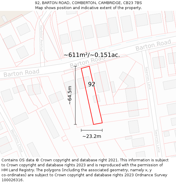 92, BARTON ROAD, COMBERTON, CAMBRIDGE, CB23 7BS: Plot and title map