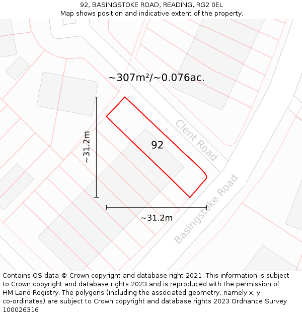 92, BASINGSTOKE ROAD, READING, RG2 0EL: Plot and title map