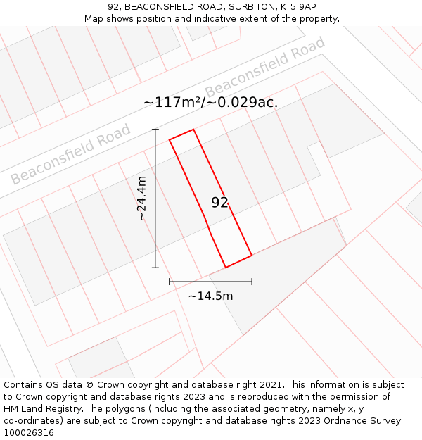 92, BEACONSFIELD ROAD, SURBITON, KT5 9AP: Plot and title map