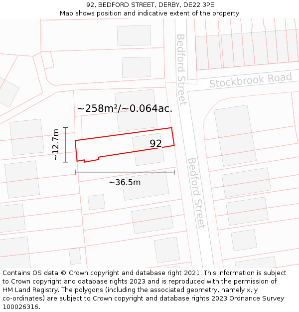 92, BEDFORD STREET, DERBY, DE22 3PE: Plot and title map
