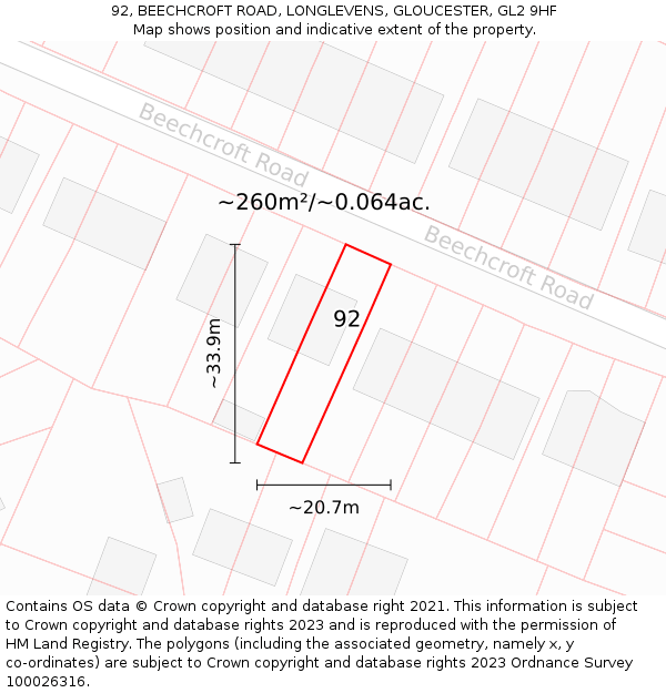 92, BEECHCROFT ROAD, LONGLEVENS, GLOUCESTER, GL2 9HF: Plot and title map