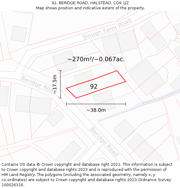 92, BERIDGE ROAD, HALSTEAD, CO9 1JZ: Plot and title map