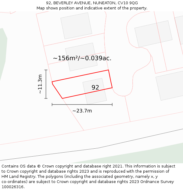 92, BEVERLEY AVENUE, NUNEATON, CV10 9QG: Plot and title map