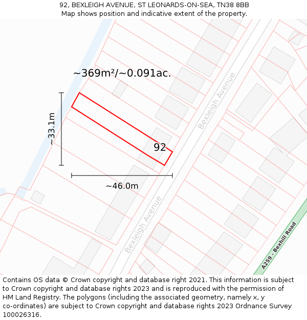 92, BEXLEIGH AVENUE, ST LEONARDS-ON-SEA, TN38 8BB: Plot and title map