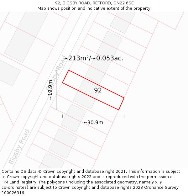 92, BIGSBY ROAD, RETFORD, DN22 6SE: Plot and title map