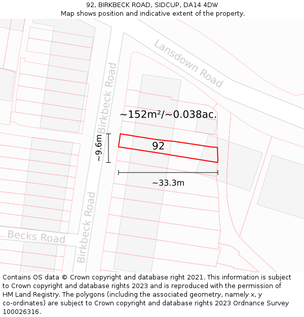 92, BIRKBECK ROAD, SIDCUP, DA14 4DW: Plot and title map
