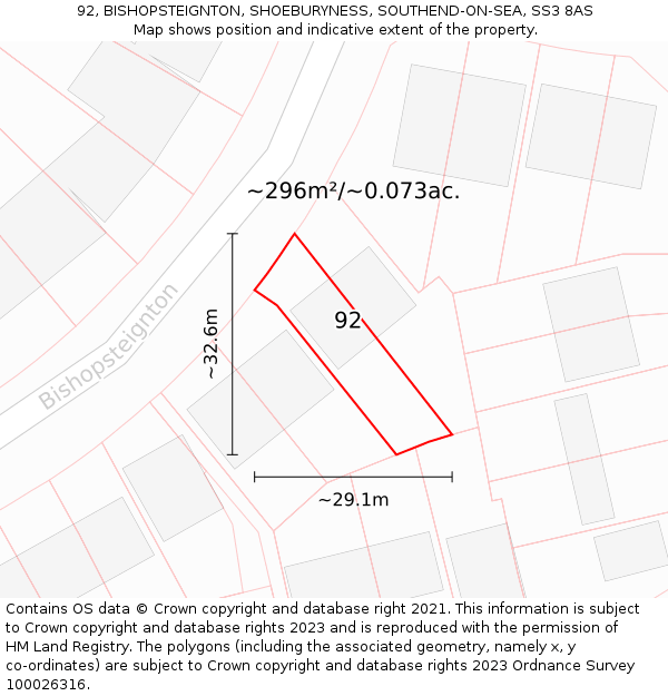 92, BISHOPSTEIGNTON, SHOEBURYNESS, SOUTHEND-ON-SEA, SS3 8AS: Plot and title map