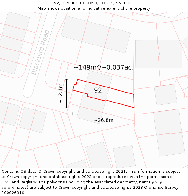 92, BLACKBIRD ROAD, CORBY, NN18 8FE: Plot and title map