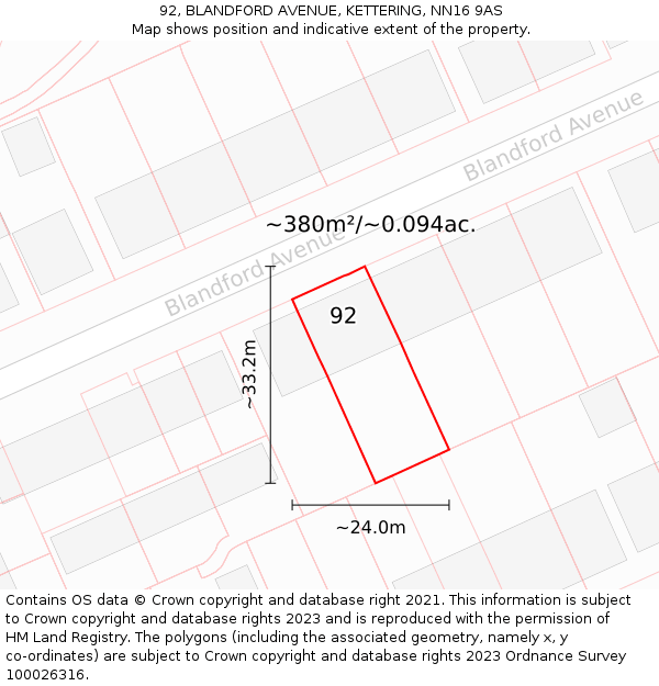 92, BLANDFORD AVENUE, KETTERING, NN16 9AS: Plot and title map