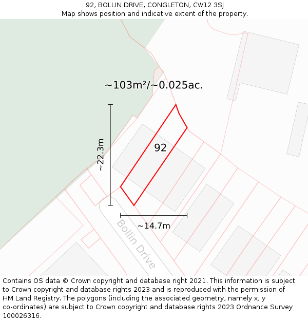 92, BOLLIN DRIVE, CONGLETON, CW12 3SJ: Plot and title map
