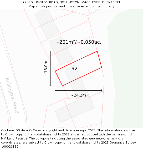 92, BOLLINGTON ROAD, BOLLINGTON, MACCLESFIELD, SK10 5EL: Plot and title map