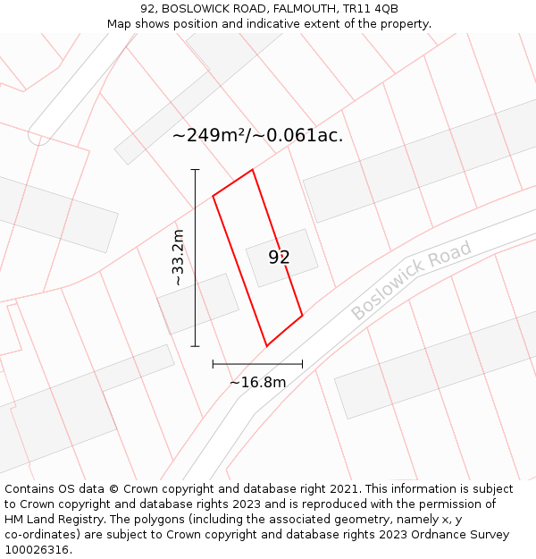 92, BOSLOWICK ROAD, FALMOUTH, TR11 4QB: Plot and title map