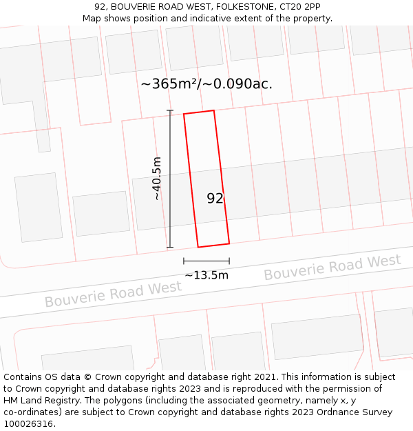 92, BOUVERIE ROAD WEST, FOLKESTONE, CT20 2PP: Plot and title map