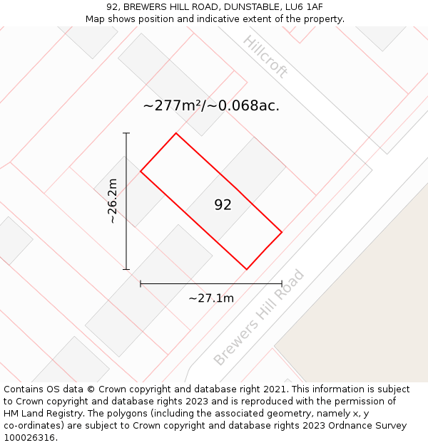 92, BREWERS HILL ROAD, DUNSTABLE, LU6 1AF: Plot and title map