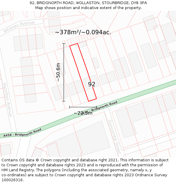 92, BRIDGNORTH ROAD, WOLLASTON, STOURBRIDGE, DY8 3PA: Plot and title map