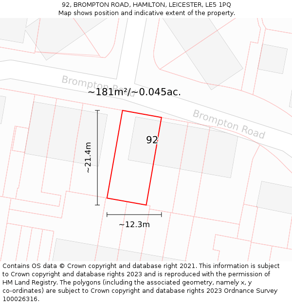 92, BROMPTON ROAD, HAMILTON, LEICESTER, LE5 1PQ: Plot and title map