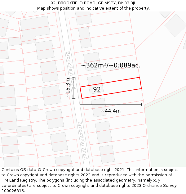 92, BROOKFIELD ROAD, GRIMSBY, DN33 3JL: Plot and title map