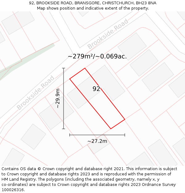 92, BROOKSIDE ROAD, BRANSGORE, CHRISTCHURCH, BH23 8NA: Plot and title map