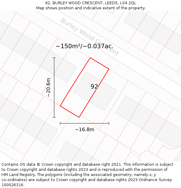 92, BURLEY WOOD CRESCENT, LEEDS, LS4 2QL: Plot and title map