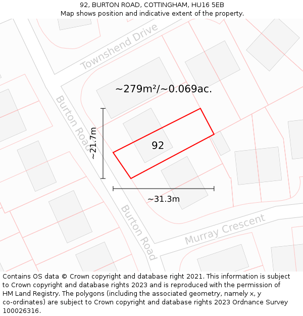 92, BURTON ROAD, COTTINGHAM, HU16 5EB: Plot and title map