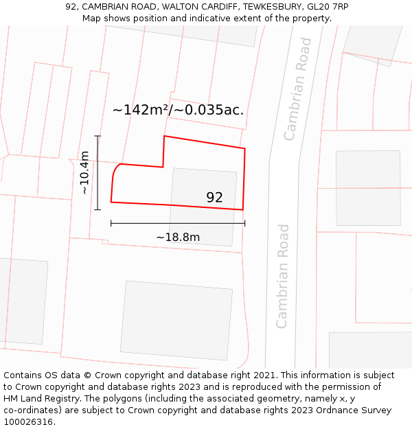92, CAMBRIAN ROAD, WALTON CARDIFF, TEWKESBURY, GL20 7RP: Plot and title map