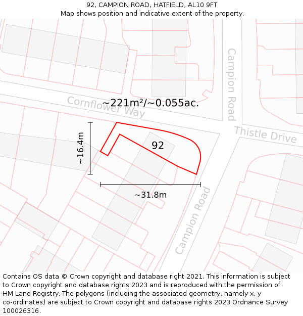 92, CAMPION ROAD, HATFIELD, AL10 9FT: Plot and title map