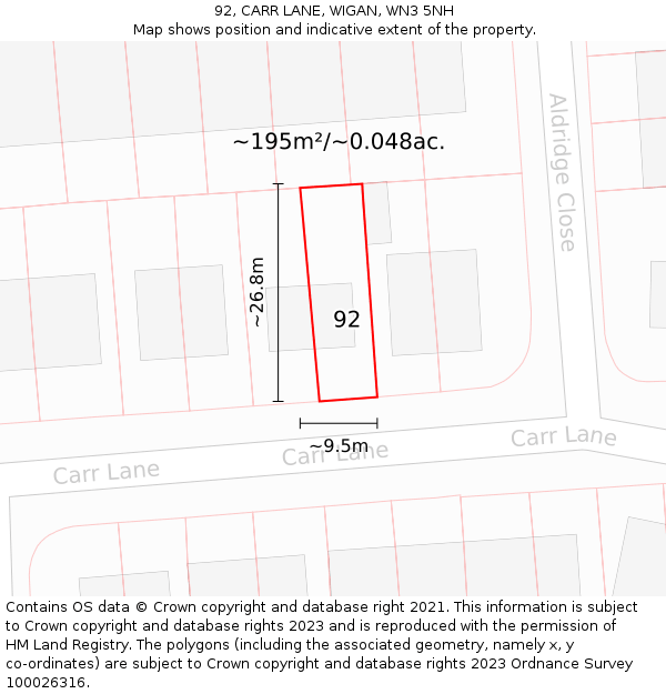 92, CARR LANE, WIGAN, WN3 5NH: Plot and title map