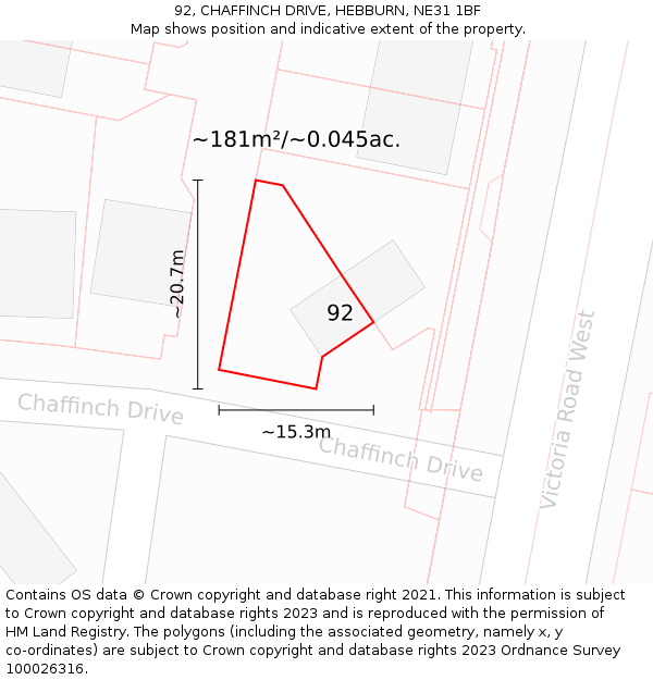 92, CHAFFINCH DRIVE, HEBBURN, NE31 1BF: Plot and title map