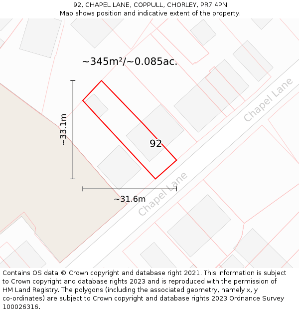 92, CHAPEL LANE, COPPULL, CHORLEY, PR7 4PN: Plot and title map