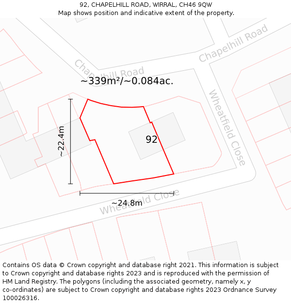 92, CHAPELHILL ROAD, WIRRAL, CH46 9QW: Plot and title map