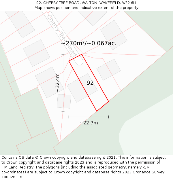 92, CHERRY TREE ROAD, WALTON, WAKEFIELD, WF2 6LL: Plot and title map