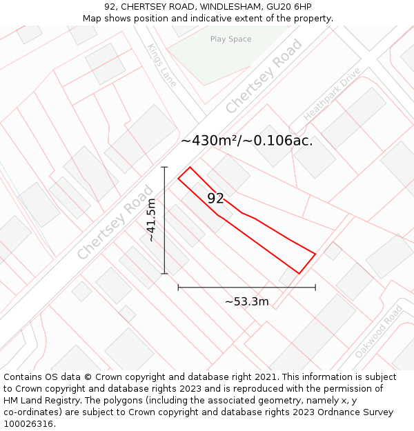 92, CHERTSEY ROAD, WINDLESHAM, GU20 6HP: Plot and title map